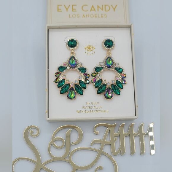 Eye Candy Earrings Luxe Gold Plated Glass Crystals Green Earrings #546 - Picture 3 of 12